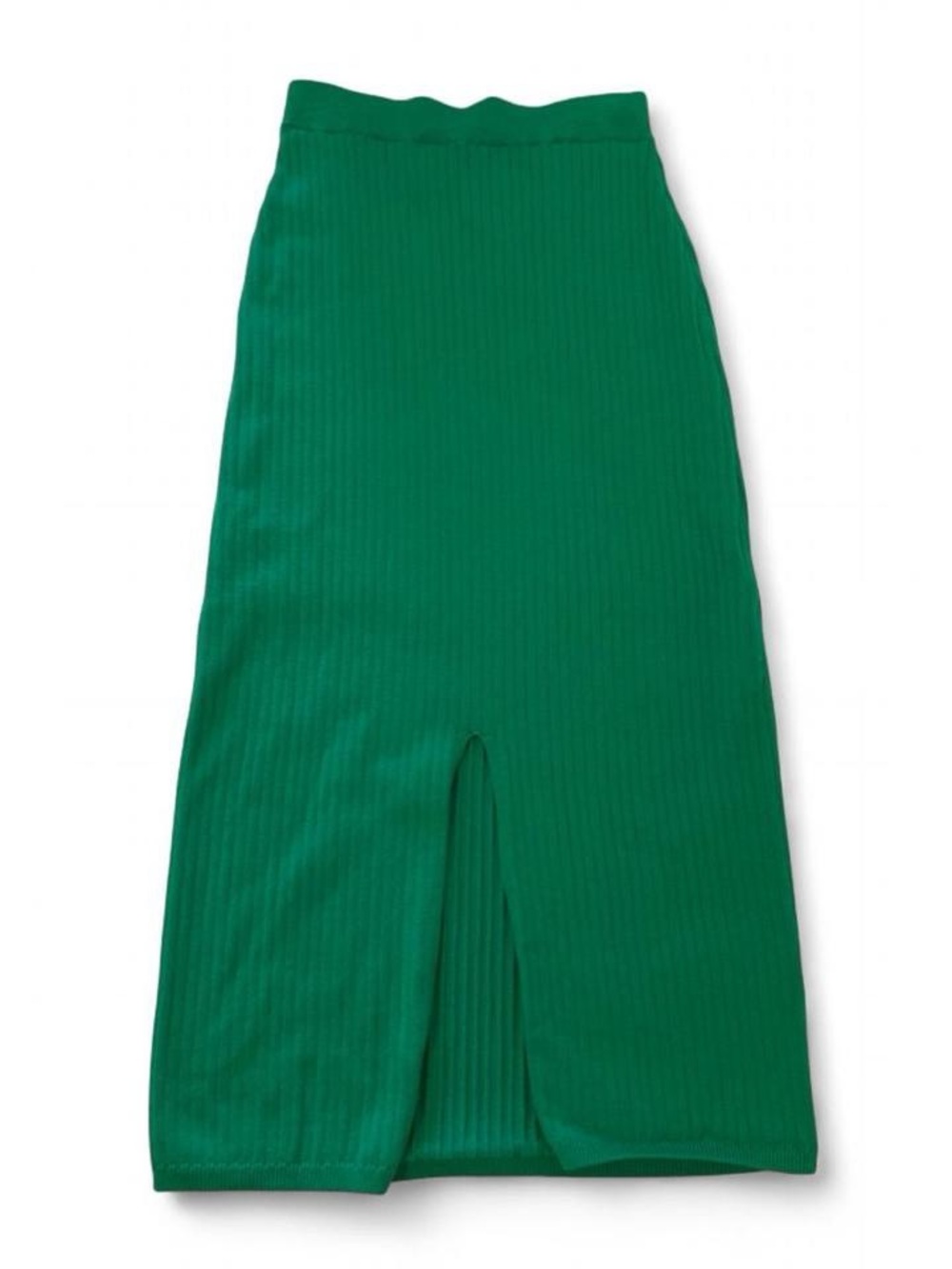 Free People Green Ribbed Knit Midi Skirt with Front Slit